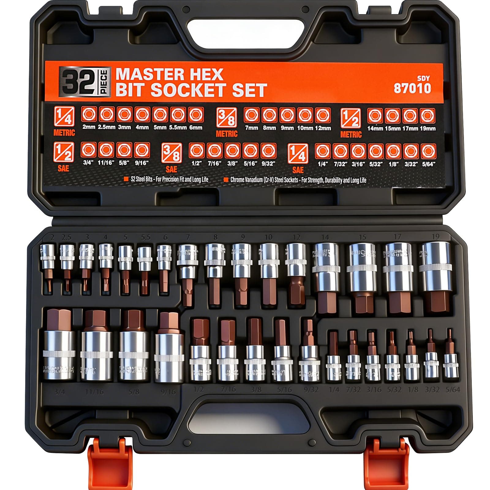 High Torque Master Hex Bit Socket Set, 32-Piece SAE & Metric Allen Socket Set, Premium S2 Alloy Steel, Durable Storage Case, 1/4", 3/8", 1/2" Drive, for Automotive & Mechanical Work