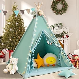 Teepee Tent for Kids with Padded Mat Cotton Canvas Kids Tent with Pompom for Toddlers Indoor Play Tent for Girls Boys with Stars Lights, Carry Bag, Banner Flag (Green)