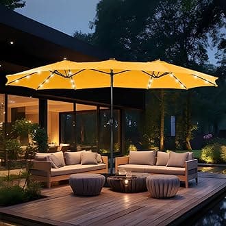 MFSTUDIO 15ft Double Sided Patio Umbrella with Solar Lights, Outdoor Large Umbrellas with Crank Handle and 36 LED Lights, Rectangular Market Umbrella with Base Included for Deck Pool, Gold Yellow