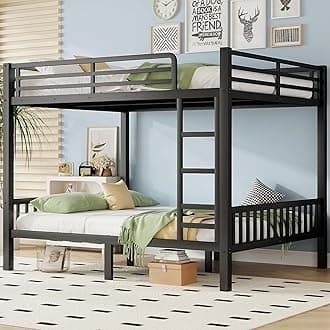 Metal Queen Over Queen Bunk Bed, Heavy Duty Queen Bunk Beds with Ladder and Guardrails, Adults Bunk Bed Queen with Slats Support for Teens Boys,Space-Saving,Noise Reduced,Black