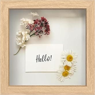 FrameWorks 8” x 8” Natural Oak Wooden Shadow Box Frame – Display Case with Soft Felt Back, Memory Box with Tempered Glass, Display Box with Elegant White Ball Push Pins, Wooden Flower Box