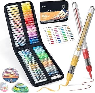 JusArt 36 Colours Acrylic Paint Markers with Canvas Bag – Water-Based No-Bleed Paint Pens with Automatic Ink Control, Waterproof Brush Markers for Rock, Wood, Fabric, Glass, Eggs & DIY Crafts