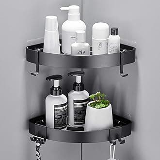 GERUIKE Bathroom Corner Shelves No Drilling, 2-Pack Wall Mounted Shower Caddy Basket Matt Black Aluminium Shelf with Hooks & Strong Adhesive for Shower Gel Organiser
