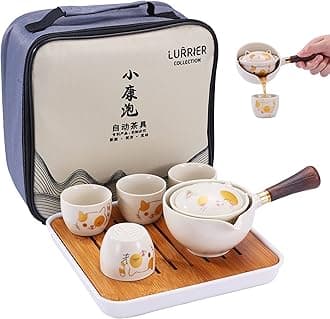 LURRIER Porcelain Chinese Gongfu Tea Set,Portable Teapot Set with 360 Rotation Tea maker and Infuser,Portable All in One Gift Bag for Travel,Home,Gifting,Outdoor and Office (Kitty Cat)