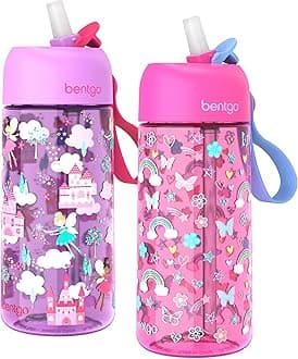 Bentgo® Kids Water Bottle 2-Pack - New, Improved 2023 Leak-Proof BPA-Free 15 oz Cups for Toddlers & Children Flip-Up Safe-Sip Straw School, Sports, Daycare, Camp (Rainbows Butterflies/Fairies)