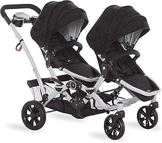 Track Tandem Double Umbrella Stroller in Black, Lightweight Double Stroller for Infant and Toddler, Multi-Position Reversible & Reclining Seats, Large Storage Basket and Canopy