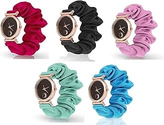 METEOROIDBlack Analog Dial Scrunchies Strap Watch Cloth Solid Fabric Wristband Watch Elastic Scrunchy Bands Watch for Women and Girls