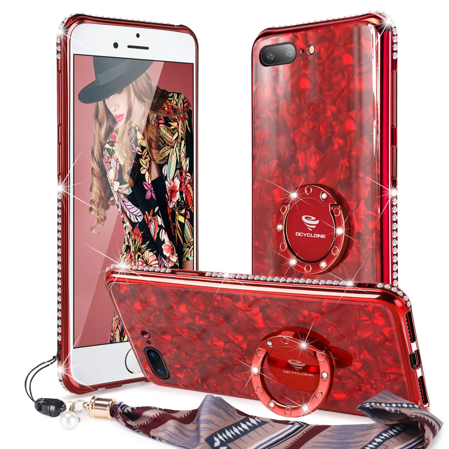 iPhone 8 Plus/ 7 Plus Case Glitter with Ring Holder Grip Kickstand for Women Girls, [Tempered Glass] Bling Diamond Bumper with Ring Stand Cute Protective iPhone 7 Plus Case, iPhone 8 Plus Case - Red
