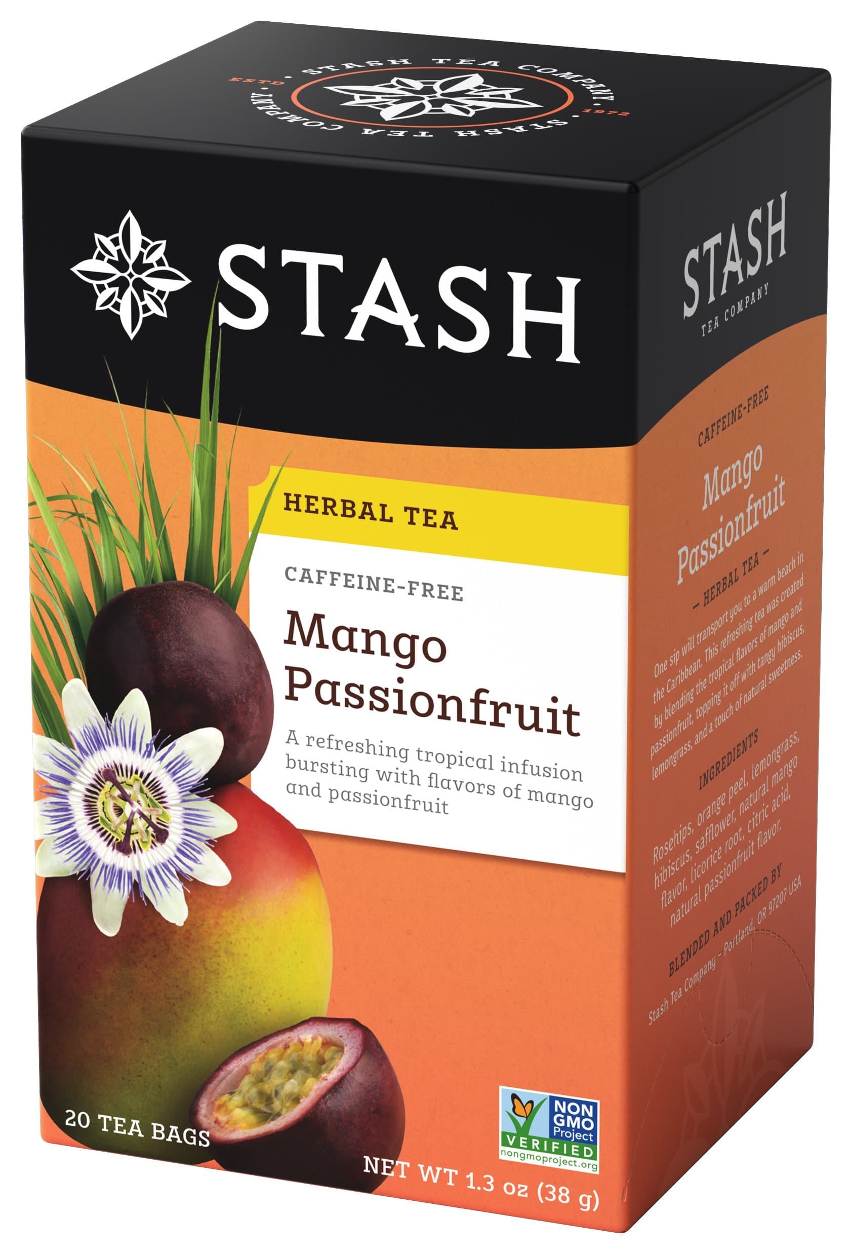 Stash Tea Mango Passionfruit Herbal Tea, 20 Count Box of Tea Bags Individually Wrapped in Foil, Sweet Fruity Caffeine Free Herbal Tisane, Drink Hot or Iced
