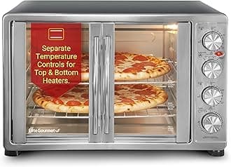 Elite Gourmet ETO-4510M French Door 47.5Qt, 18-Slice Convection Oven 4-Control Knobs, Bake Broil Toast Rotisserie Keep Warm, Includes 2 x 12" Pizza Racks, Stainless Steel