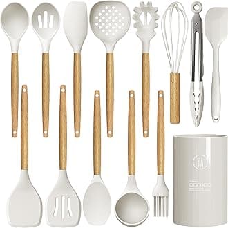Silicone Cooking Utensils Set - 446°F Heat Resistant Silicone Kitchen Utensils for Cooking,Kitchen Utensil Spatula Set w Wooden Handles for Non-Stick Cookware, BPA FREE (Cream White)