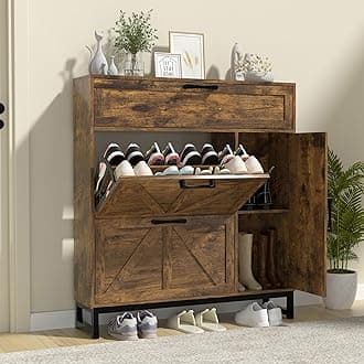 Betterhood Shoe Cabinet for Entryway with 2 Flip Drawers, Slim Freestanding Shoe Rack Organizer, Entryway Shoe Cabinet with Open Storage for Foyer and Hallway (Brown)