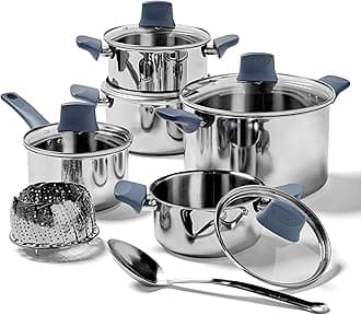 T-FAL Essentials Stainless Steel Cookware Set 12 Piece, Induction Compatible, Oven Safe 350F, Cooking Set w/Stewpots, Stockpot, Saucepan, Lids & Tools, Measuring Marks, Dishwasher Safe, Silver/Blue