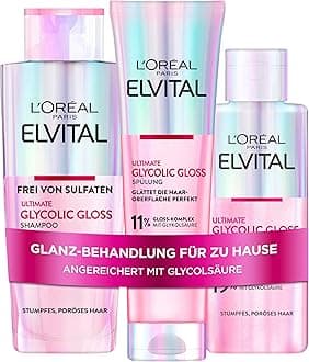 L'Oréal Paris Elvital Glycolic Gloss Bundle with Shampoo, Conditioner, 5 Minutes Hair Lamination for Dull Hair, Care Routine for Healthy Hair and Strong Shine, Set with Glycolic Acid, 3 Pieces