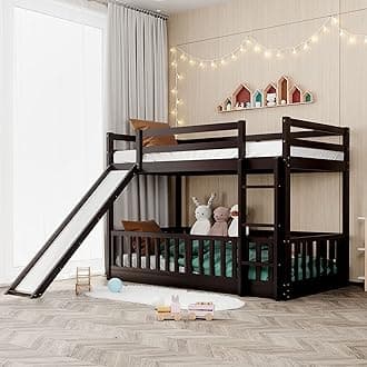 Bellemave Twin Over Twin Floor Bunk Bed with Slide and Ladder, Low Bunk Bed for Kids, Girls, Boys, Removable Fence, Bunk Bed with Slide, Espresso