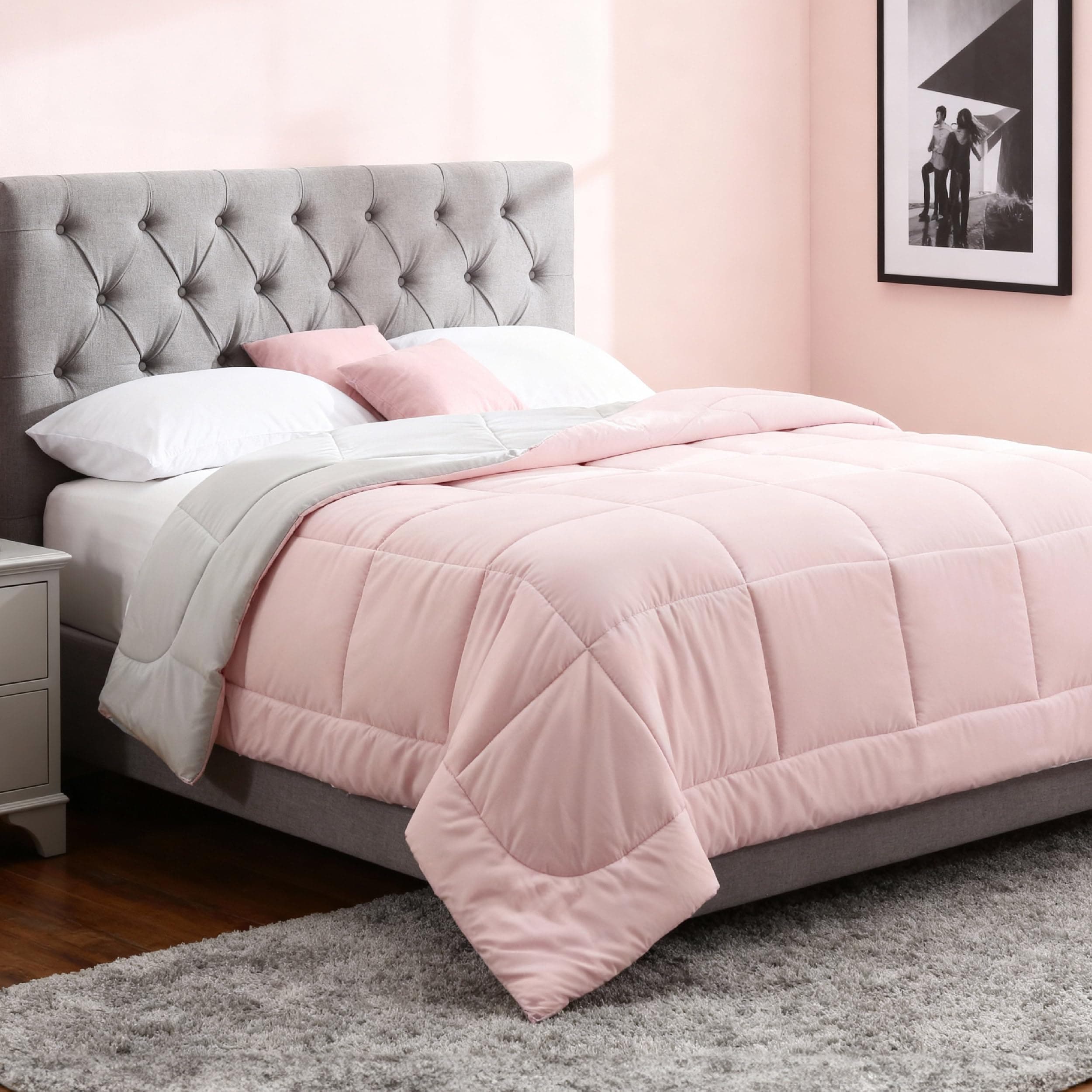 Bedsure Comforters Queen Size - Duvet Insert Contrast Down Alternative Comforter Quilted All Season Duvet with 8 Tabs, Machine Washable, Gifts for Women, Pink/Grey, Queen 88 x 88 Inches