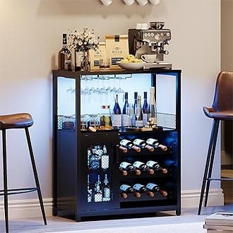 IDEALHOUSE Wine Bar Rack Cabinet with LED Light, Adjustable Shelves Coffee Bar Cabinet with Mesh Door and Baffle Design, 36 in Tall Small Liquor Bar Cabinet for Home, Kitchen, Dinning Room, Black