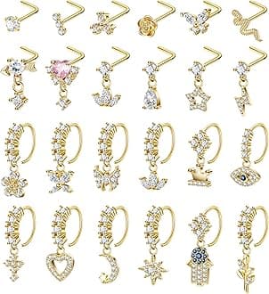 24Pcs 20G Surgical Steel Dangle Nose Ring for Women L Shaped Dangling Nose Stud Dainty Nose Hoop Set CZ Flower Leaf Heart Moon Star Butterfly Dangle Nose Piercing Jewelry
