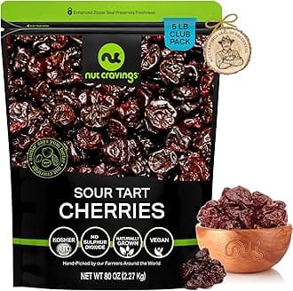 NUT CRAVINGS - Dried Sour Tart Cherries, Lightly Sweetened, Unsulphured (80oz, 5 LB) Sweet Healthy Snack, Vegan, Kosher, Resealable Bag