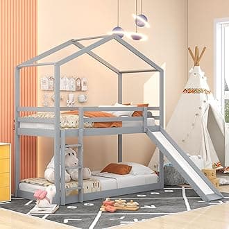 Harper & Bright Designs Twin Over Twin Bunk Bed with Slide, Roof and Ladder, Wood Playhouse Bunk Bed, Twin Floor Bed Frame for Kids, Teems, Gray