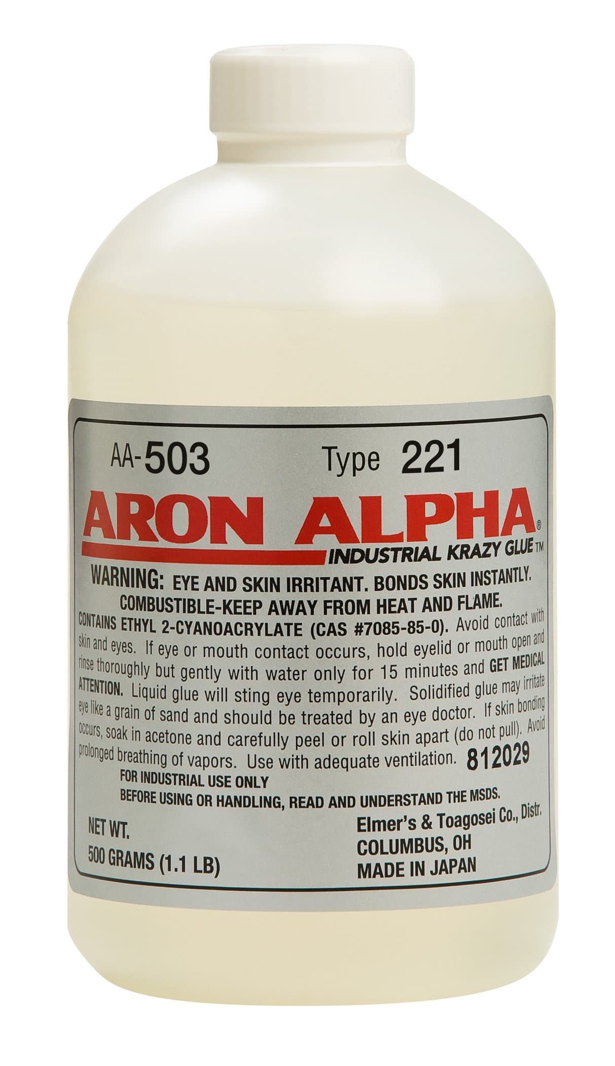Aron Alpha Type 221 Fast Set, Low Viscosity (2 CPS) Instant Adhesive, 500 gm Bottle