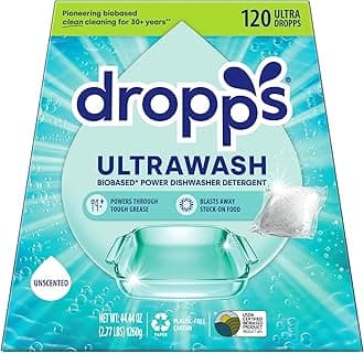 Dropps UltraWash Dishwasher Detergent Pods, Unscented (120 Ct) - Free & Clear | Cuts Grease & Stuck-On Food | Sparkling Dishes & Glasses | Residue-Free | Clean Ingredients | Plastic Free Packaging