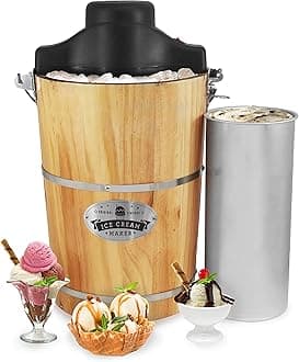 EIM916 Old Fashioned 6 Quart Vintage Wood Bucket Electric Ice Cream Maker Machine Appalachian, Bonus Classic Die-Cast Hand Crank for Churning, Uses Ice and Rock Salt