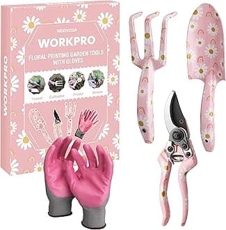 WORKPRO Aluminum Garden Tool Set, 4PC Heavy Duty Hand Tools with Gloves, Pink, Garden Gifts