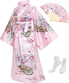 Japanese Anime Women's Kimono Robe Geisha Yukata Sweet Dress Blossom Satin Bathrobe Sleepwear Fans Tabi Socks Set