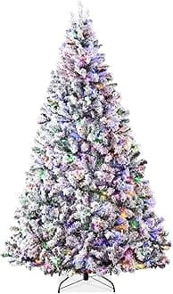 Pre-Lit Artificial Christmas Tree 4.5ft Snow Flocked Pine Tree, 2-in-1 White and Multicolor LED Lights, Full Snowy Appearance