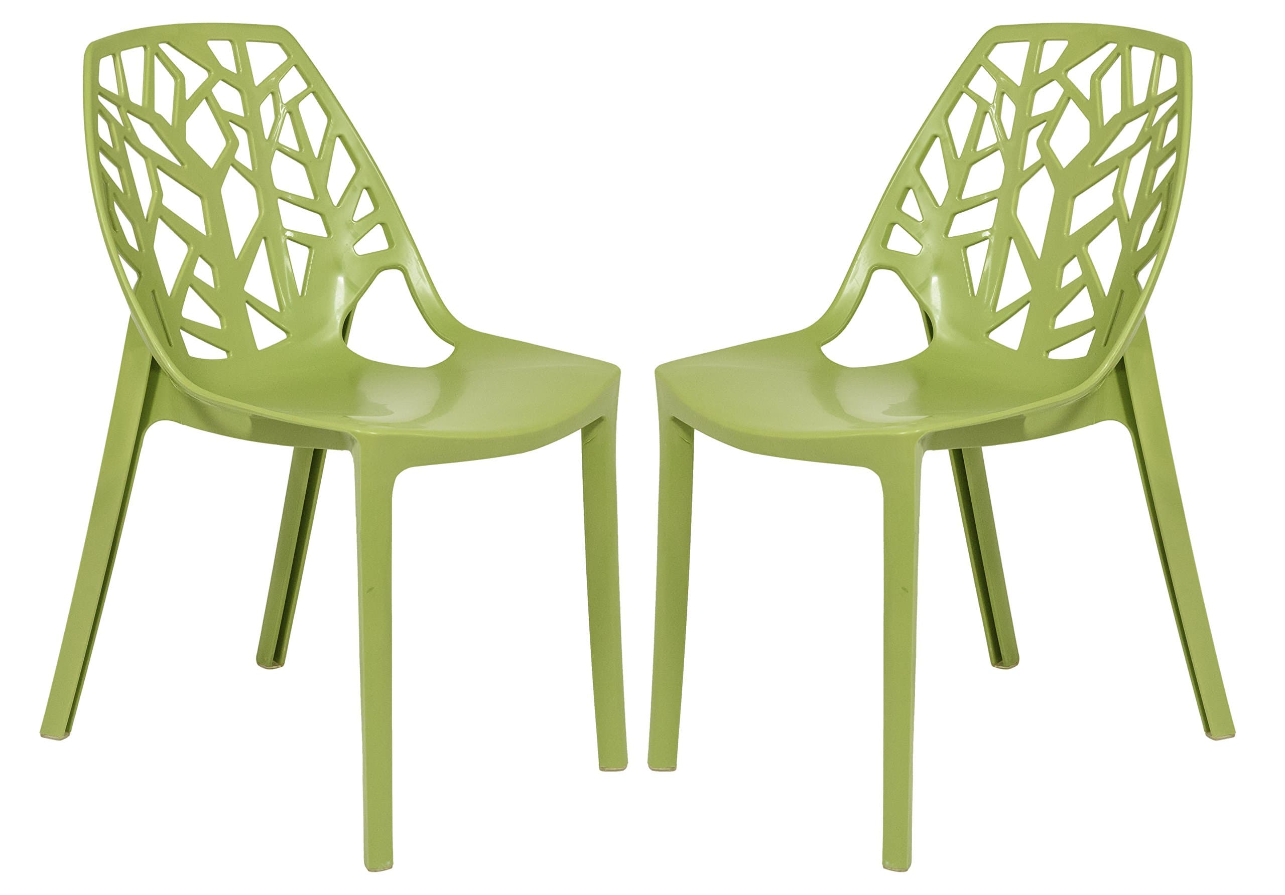 LeisureMod Cornelia Stackable Modern Spring Cut-Out Tree Design Acrylic Armless Accent Side Chair for Kitchen, Living Room, and Dining Area, Set of 2, 21.5" Dx17.25 Wx32 H, Green
