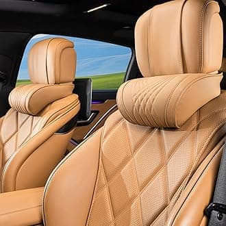 Car Headrest Memory Foam Neck Pillow for Driving with Leather Cover Soft Comfortable Seat Head Pillow Cushion for Most Cars SUV Sedan Home Office Palomino Brown (2PC)