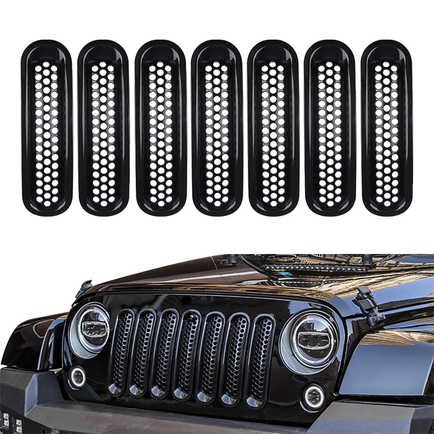 7PCS Front Grill Mesh Inserts, Matte Black Front Mesh Grille Cover Guard Clip-in Compatible with Jeep JK Wrangler & Wrangler Unlimited 2007-2018 Accessories Clip-in Grille Guard Cover Trim