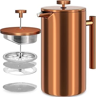 KICHLY Stainless Steel French Press - Double Wall Coffee Press - Stainless Steel Plunger Coffee & Tea Maker Silver, 1.0 Litre (1 Piece)