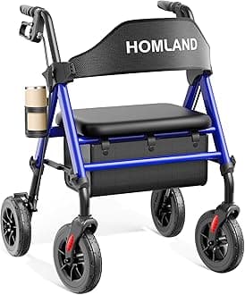 HOMLAND Walkers for Seniors with Seat, Foldable Rollator Walker, Reinforced Aluminum Frame, 8" Big Rubber Wheels for All Terrain, Height Adjustable Lightweight Rolling Walker