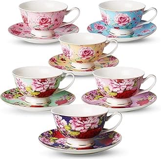 BTaT- Tea Cups and Saucers, Floral Design, Porcelain Tea Cup Sets, Dishwasher Safe, Set of 6, 8 oz