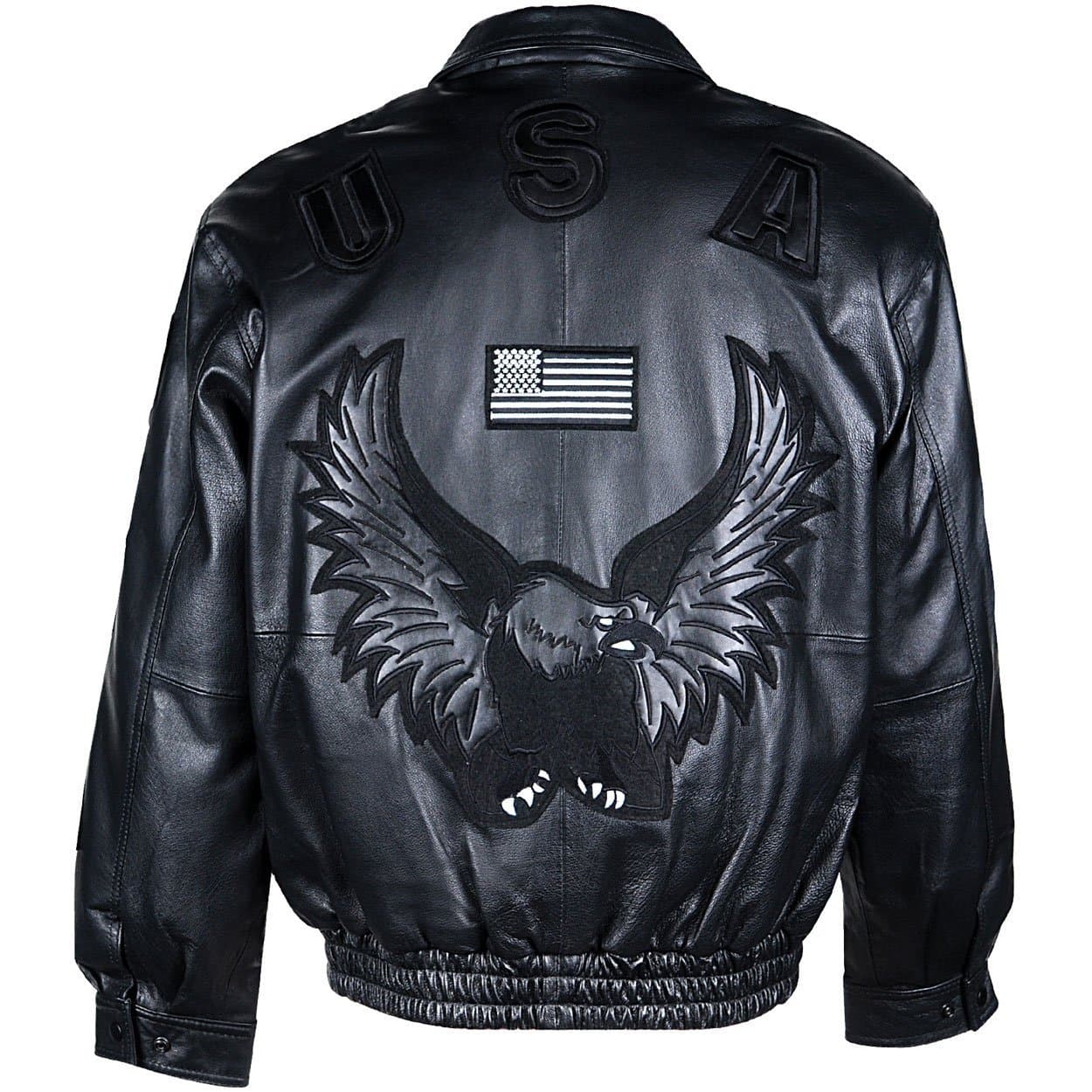 Black Leather Jacket Flag-Eagle-Embroidered