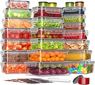 50-Piece Food Storage Containers with Lids(25 Containers & 25 Lids), Plastic Food Containers for Pantry & Kitchen Storage and Organization, BPA-Free, Leak Proof, Reusable with Labels & Pen