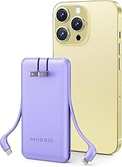 - miisso Ultra Slim 10000mAh Power Bank Built-in Cables and Foldable AC Wall Plug, Pocket Size USB C Portable Charger, External Battery Pack Compatible with iPhone Samsung, Purple