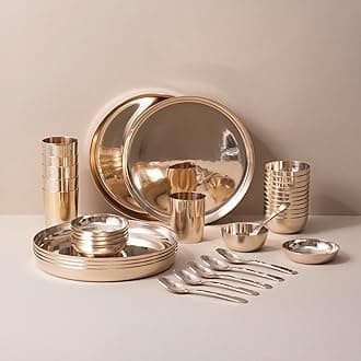 Veda Essentials. 36-Piece Kansa Dinner Set | Gloss Finish | 6 Plates (10.5" Thali, 12 Bowls, 6 Glasses, 6 Sweet Dish Plates, 6 Spoons | Authentic Indian Dining Collection | A Thoughtful Gift