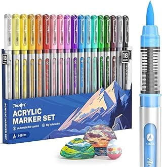JusArt Acrylic Paint Markers Brush Tip 18 Colors, Water-Based No-Bleed Markers with Automatic Ink Control, Waterproof Acrylic Paint Pens for DIY Art & Crafts -Eggs, Fabric, Rock, Glass, Ceramic, Metal