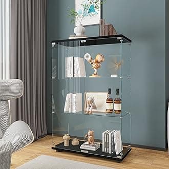 Beauty4U 2 Doors Glass Display Cabinet with 3 Shelves, Curio Cabinets for Living Room, Bedroom, Office, Black Floor Standing Glass Bookshelf, Quick Installation