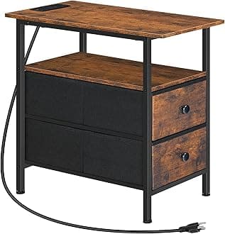 HOOBROEnd Table with Charging Station, Narrow Side Table, Nightstand with 2 Non-Woven Drawers, Slim Sofa Side Table, for Small Spaces, Living Room, Bedroom, Rustic Brown and Black BF486UBZ01
