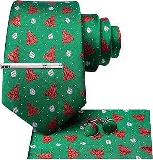 Hi-Tie Christmas Tie Set Silk Red Blue Green XMS Necktie and Clip Pin Pocket Square Cufflinks Set