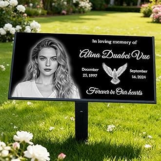 Personalized Black Granite Memorial Plaque, Grave Marker & Memorial Garden Stone – Laser-Engraved Headstone with Photo for Cemetery Graves, 12x6 Inch Weatherproof Memorial Stone for Outdoors/Indoors