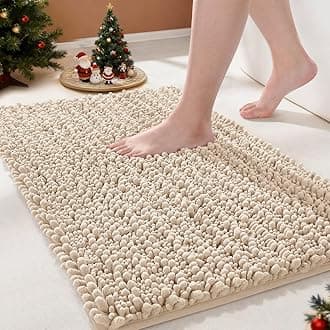 Yimobra Bathroom Rug Mat, 24'' x 17'', Luxury Chenille Shaggy Bath Rugs, Extra Soft & Thick, Absorbent Water, Non-Slip, Machine Washable, Bath Mats for Bath Floor,Tub and Shower, Beige