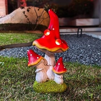 Solar Mushroom Garden Statue, Fairy Garden Accessories Outdoor Statues, Mushroom House Decor, 3 Mushrooms Head for Patio Yard Lawn Porch Outdoor Decor