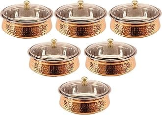 INDIAN ART VILLA Copper Serving Handi with Lid, 1350ml, 6 Piece (Brown)