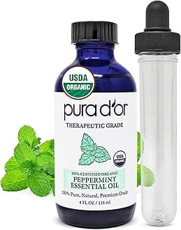PURA D'OR Organic Peppermint Essential Oil (4oz with Glass Dropper) 100% Pure & Natural Therapeutic Grade - Hair, Body, Skin, Aromatherapy Diffuser, Massage, Refreshens, Energy, Mood, Home, DIY Soap