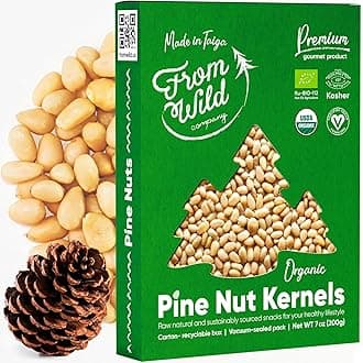 FROM WILD Fresh Organic Pine Nuts 7oz Certified Vegan Kosher Unsalted Pignolias - Siberian Pine Nuts for Pesto, Raw nuts, Mediterranean Delight Gluten-Free, Non-GMO European Grown Shelled Pine Nuts